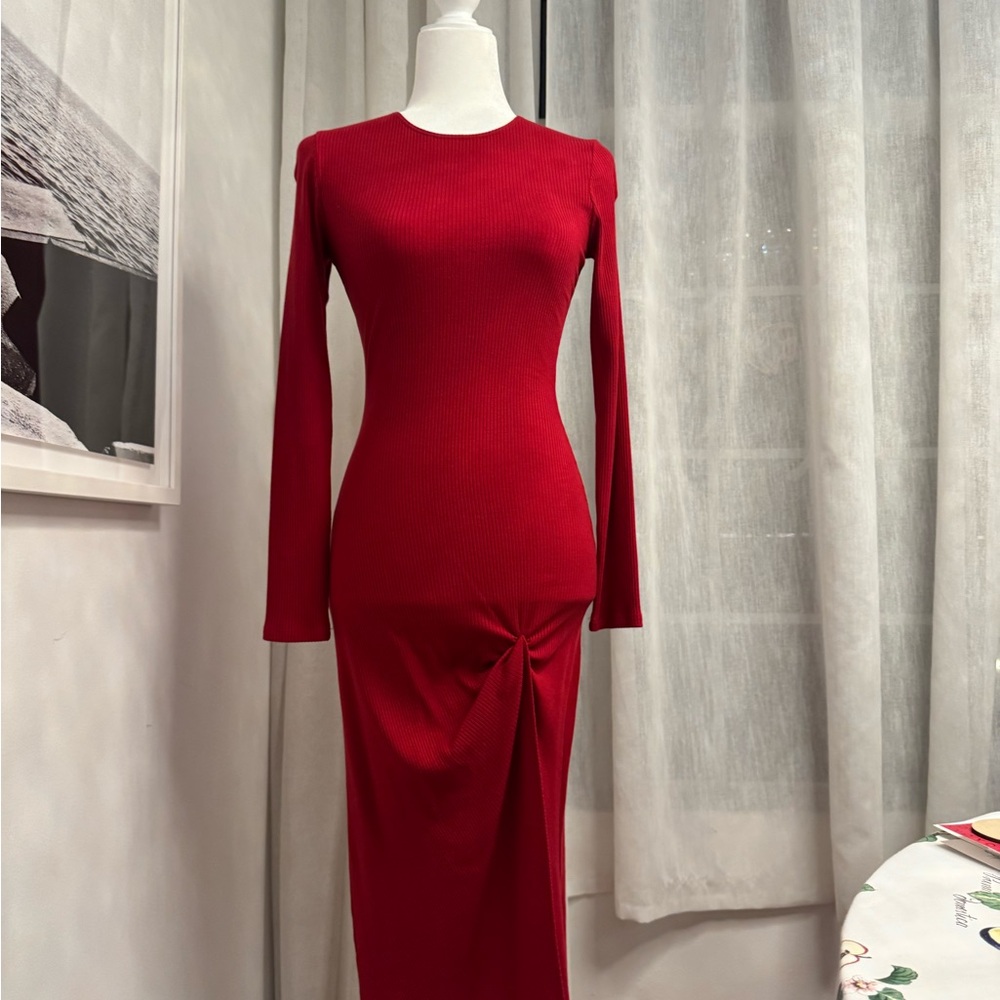 Reformation Bold Red Chic Long Sleeve Dress With Twist Detail